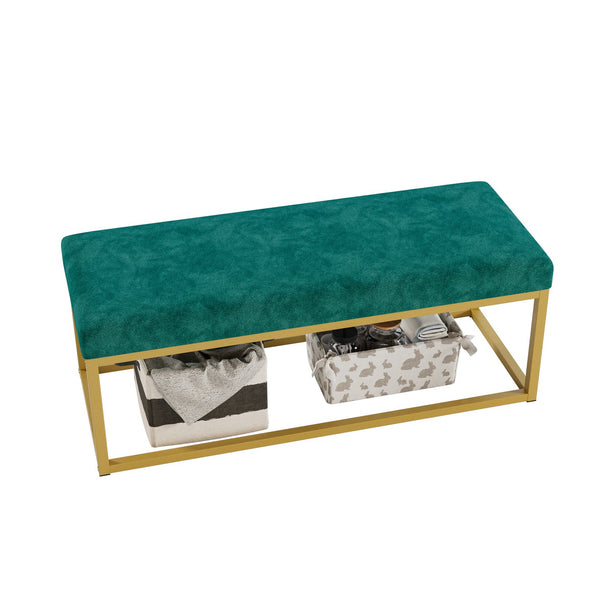 English Elm Storage Bench Green Velvet PU Leather with Gold Steel Frame, Mid-Century Entryway Seat, 600lb Capacity, 48.8"L W578P357538