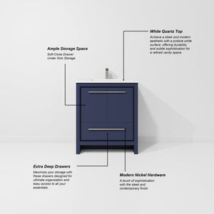 English Elm Navy Blue Bath Vanity With White Quartz Top - Stylish 30" W X 20" D Design, Durable Storage & Elegance B2731P259289