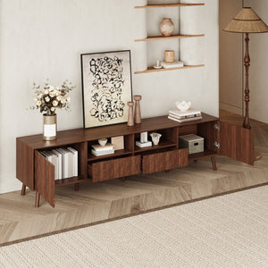 English Elm 78 Inch Walnut Entertainment Center Fluted Doors Solid Wood Legs for Living Room N710P372591P