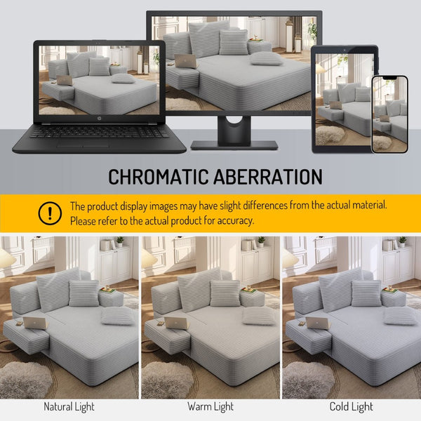 English Elm Luxurious Corduroy Convertible Chaise Lounge Sofa Bed with Foam Support for Apartments Light Grey W3219P449013