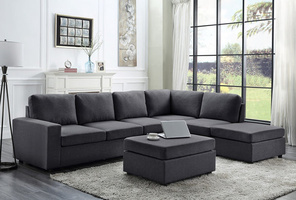 English Elm Cassiana Seven Seat Linen Modular Sectional with Ottoman for Open Living Spaces Dark Gray B2749S00047