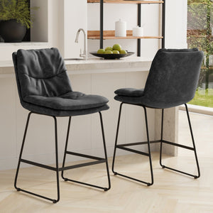 English Elm Danika Upholstered Counter Stool Set of 2 — Distressed Vegan Leather, Tufted Padded Seat, Metal Base Charcoal+Grey B136P252648