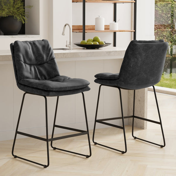 English Elm Danika Upholstered Counter Stool Set of 2 — Distressed Vegan Leather, Tufted Padded Seat, Metal Base Charcoal+Grey B136P252648
