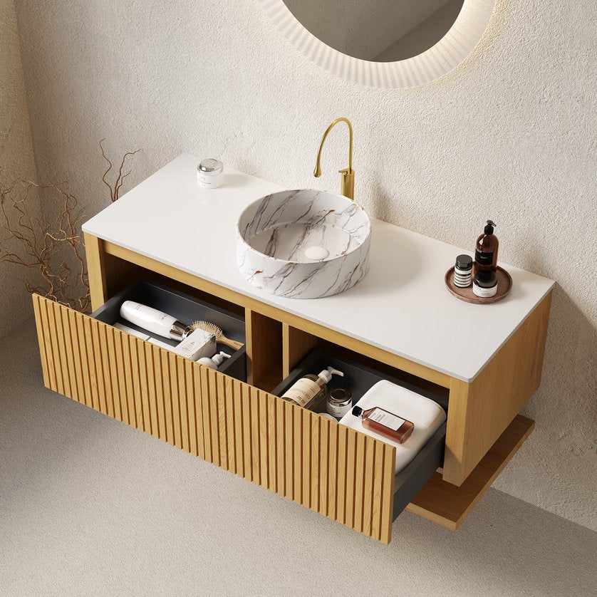English Elm HIZON 48" Plywood Wall-Mounted Bathroom Cabinet in Corolla Oak Veneer — 2 Drawers + Open Shelf, Moisture-Resistant W2615P279438