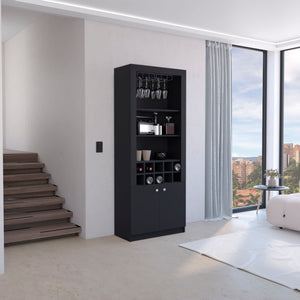 English Elm Cabinet Black 4-Tier Wine & Liquor Storage with Stemware Rack, 15-Bottle Cubbies, 4 Shelves, Tall B097P221378