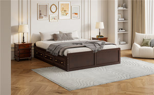 English Elm Wood Queen Size Platform Bed Frame with 6 Drawers for Storage, Sturdy Pine/MDF Slat System, 500lb Capacity Espresso N709P241723P