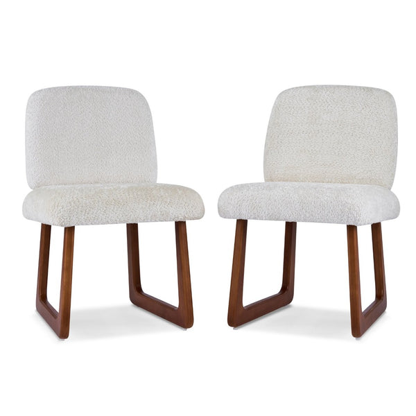 English Elm Dining Chair Set of 2 Boucle Upholstered with Sculptural Curved Wooden Legs N779P370775B