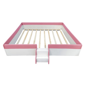 English Elm King Upholstered Daybed Frame with Fence & Stairs, Brown+White PU, 10 Slats, 750lb Capacity, Luxe Comfort SF000156AAH