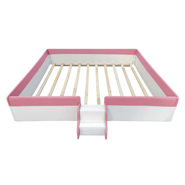 English Elm King Upholstered Daybed Frame with Fence & Stairs, Brown+White PU, 10 Slats, 750lb Capacity, Luxe Comfort SF000156AAH