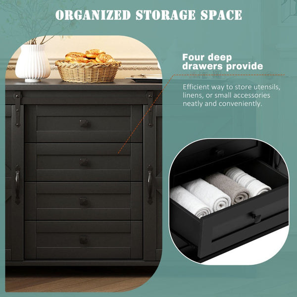 English Elm U-style Farmhouse Sideboard Barn Door Buffet with Drawers Built-in Outlet Dining Black N711P347377B