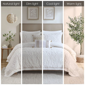 JLA Home Harbor House Blue - Comforter Plush tufted medallion set in soft white, 100% cotton, oversized warmth, OEKO-TEX safe 110 L x 96 W x 1.5H HH10-1346