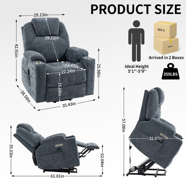 English Elm Up to 350 Lbs Chenille Power Lift Recliner with Massage Heating and Usb Charging Ports Blue W3224S00002
