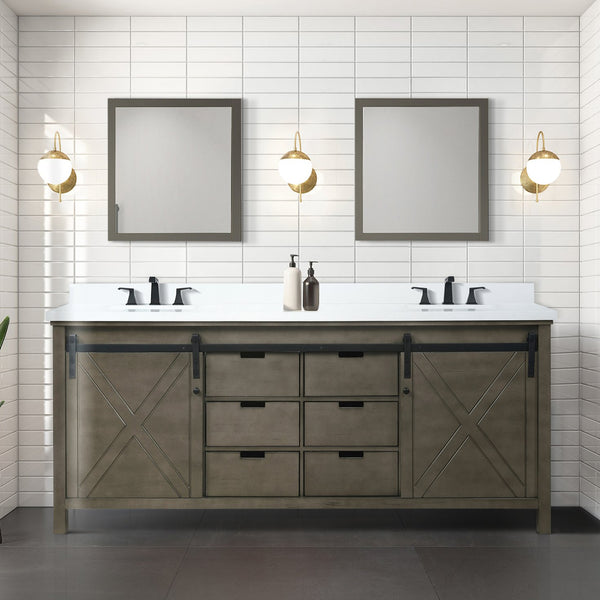 English Elm Rustic Brown Double Bath Vanity 80" W x 22" D with Cultured Marble Top, Matte Black Faucets & Mirrors B2731S01122