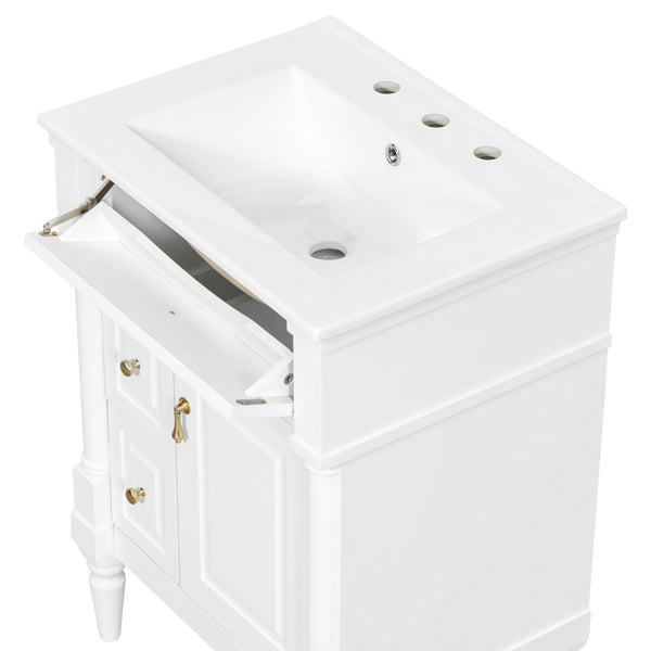 English Elm 24 Inch Freestanding Vanity with Ceramic Sink Rubberwood Frame Matte Finish Storage White N725P356058K