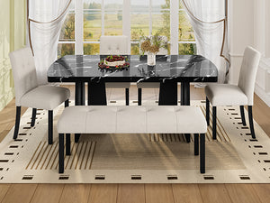 English Elm 6 Piece Dining Set with Rectangular Solid Wood Table, Upholstered Chairs & Bench, Rustic Charm, Easy Assembly, Seats 6 Beige,Black N752S000011A