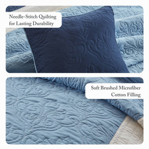 JLA Home Madison Park - 7 Reversible Quilt Set with Euro Shams and Throw Pillows — Textured Microfiber, Ivory & Blue Tones, Machine Washable Navy MP13-8807