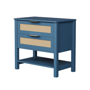 English Elm Rattan Front Boho Coastal Nightstand with Gold Pulls Open Shelf and Woven Drawer Accents Turquoise T3210P471549