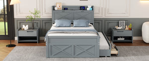 English Elm Full Full Size Wooden Bed with Storage Headboard, Built-In Outlets, Trundle & 3 Drawers for Space-Saving Bedrooms Gray 80.51 L x 17.12 W x 4.57 H N733S172712E