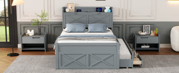 English Elm Full Full Size Wooden Bed with Storage Headboard, Built-In Outlets, Trundle & 3 Drawers for Space-Saving Bedrooms Gray 80.51 L x 17.12 W x 4.57 H N733S172712E