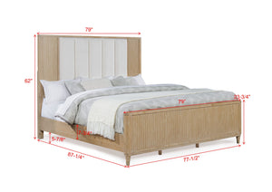 English Elm Stylish Paneled High Headboard Queen Bed with Textured Accents and Clean Lines for Modern Retreat Brown,Natural Wood,White 83 L x 44.25 W x 5.5 H B2741S00455