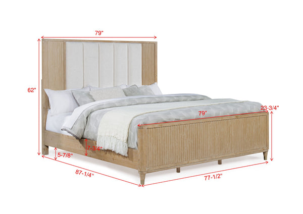 English Elm Stylish Paneled High Headboard Queen Bed with Textured Accents and Clean Lines for Modern Retreat Brown,Natural Wood,White 83 L x 44.25 W x 5.5 H B2741S00455