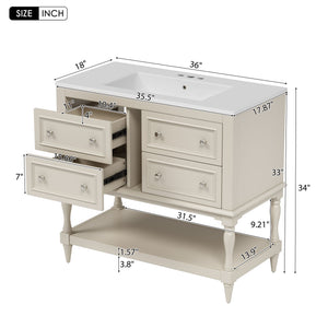 English Elm 36'' Modern Bathroom Vanity with Ceramic Sink and Medicine Cabinet, Solid Wood Frame, 4 Drawers, Waterproof Finish Beige SW000138AAY-1