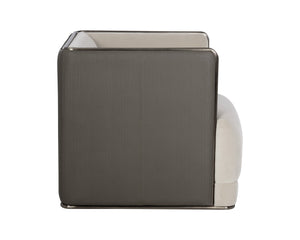 Sunpan Sierra Armchair – Bold Modern Design in Meg Taupe Fabric & Textured Faux Leather with Bronze Frame