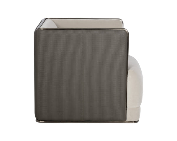 Sunpan Sierra Armchair – Bold Modern Design in Meg Taupe Fabric & Textured Faux Leather with Bronze Frame