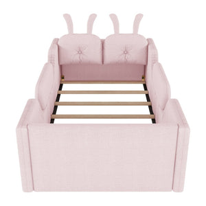 English Elm Twin Kids Platform Bed Teddy Fabric Upholstered with Bunny Cushions and Safety Rails Pink W2593P395807