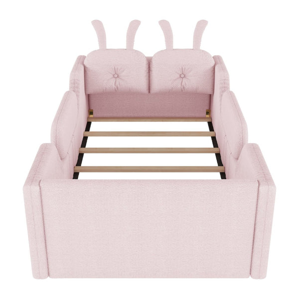 English Elm Twin Kids Platform Bed Teddy Fabric Upholstered with Bunny Cushions and Safety Rails Pink W2593P395807