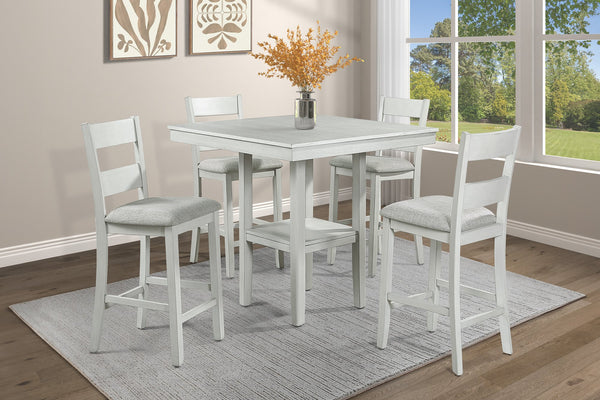 English Elm Rustic 5-Pc Counter Height Dining Set with Square Wood Top, Upholstered Ladder-Back Chairs, Chic Finish Antique White+Gray 44 L x 44 W x 18 H B011P186071