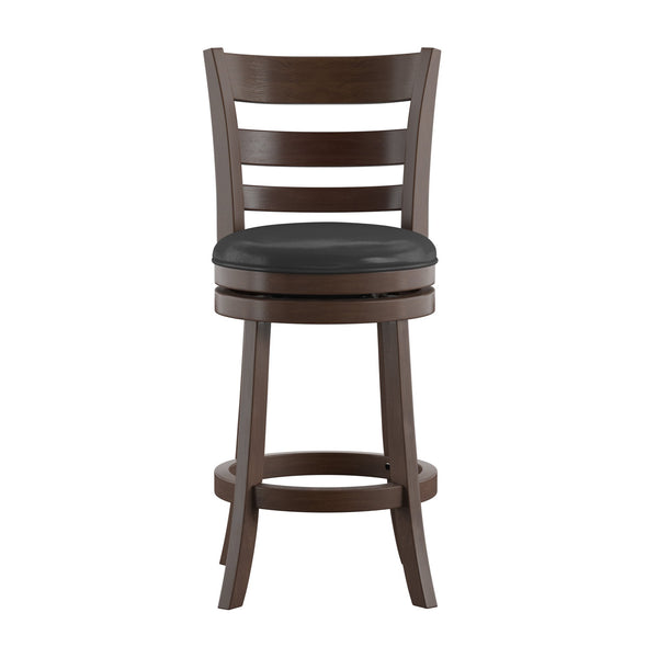 Homelegance Jaxon Ladder Back Swivel Counter Stool Solid Rubberwood Frame Cushioned Kitchen Bar Dark Cherry / Black 090DC-24BKPU