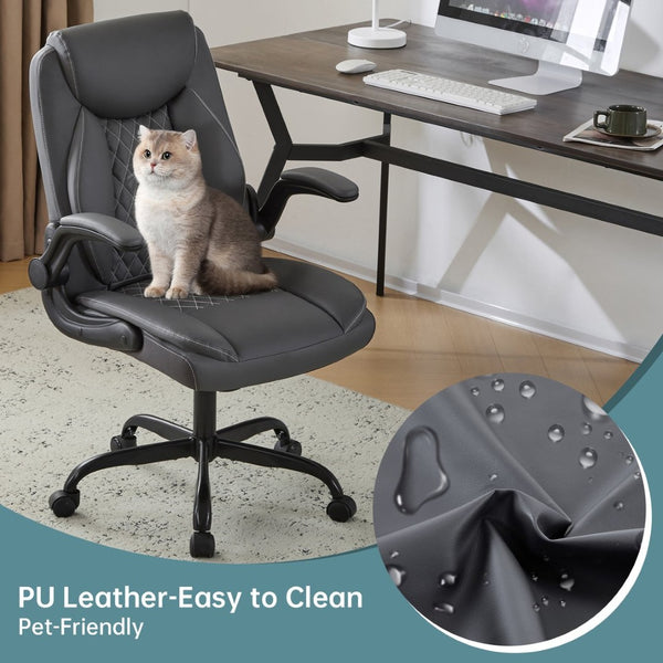 English Elm Leather Executive Desk Chair with Flip up Armrests Lumbar Support and Spring Cushion Grey T5339P459999