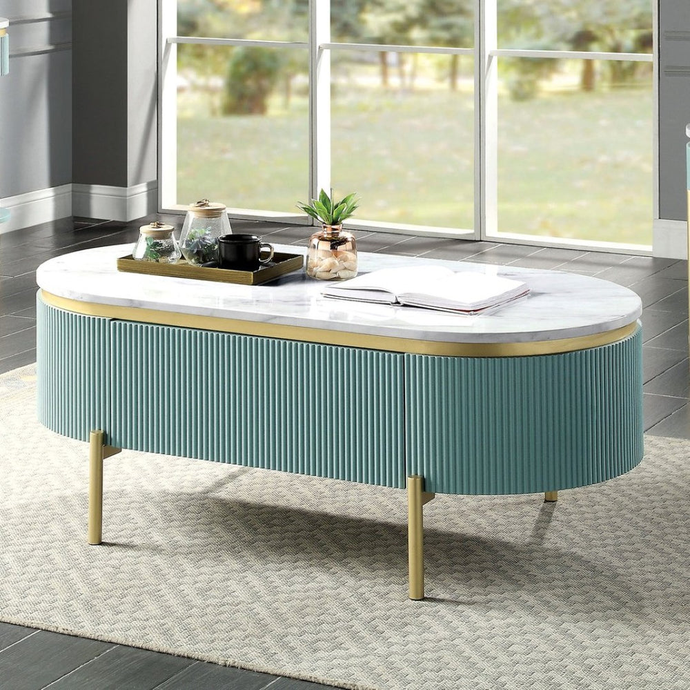 English Elm Glam Art Deco Coffee Table Faux Marble Top Reeded Teal Body with Storage Drawer B011P184958