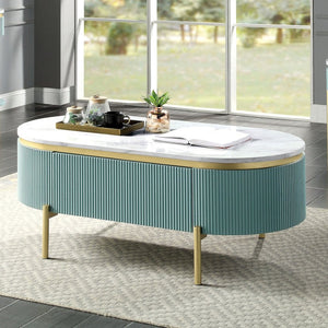 English Elm Glam Art Deco Coffee Table Faux Marble Top Reeded Teal Body with Storage Drawer B011P184958