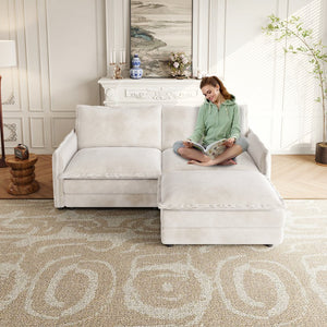 English Elm Corduroy 2-Seater L-Shaped Sectional Sofa With Ottoman & Cushions - Cozy Beige Living Room Comfort W834S00415