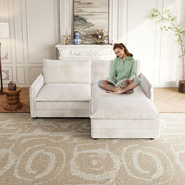 English Elm Corduroy 2-Seater L-Shaped Sectional Sofa With Ottoman & Cushions - Cozy Beige Living Room Comfort W834S00415