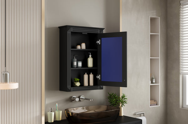 English Elm 20" Medicine Cabinet with Mirror — Space-Saving Wall-Mounted Bathroom Storage with Adjustable Shelf, Modern Carved Design Black N710P317680B