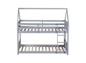 English Elm Twin House Floor Bunk Bed With Guardrails, Ladder & Headboards - Stylish Light Grey Rubber Wood Design W504P227969-GIGA
