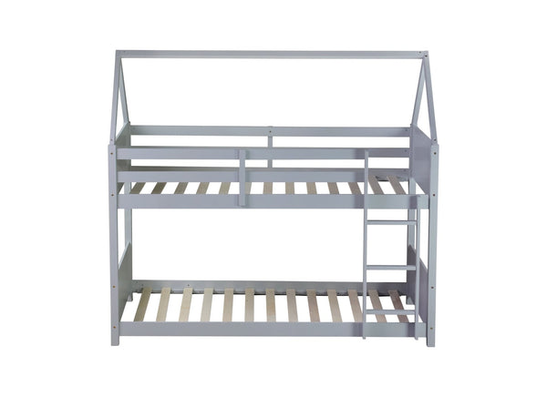 English Elm Twin Over Twin House Floor Bunk Bed With Safety Guardrails, Ladder & Playful Grey Design For Kids W504P314948-GIGA