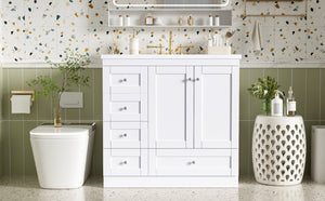 English Elm 36 Inch Shaker Bathroom Vanity with Resin Sink Four Soft Close Drawers Mdf Cabinet White N729P000028K