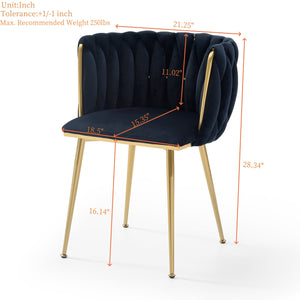 English Elm Modern Velvet Dining Chairs Set of 2 with Woven Backrest and Gold Metal Legs, Elegant Arc Design for Home Black W1117P209796