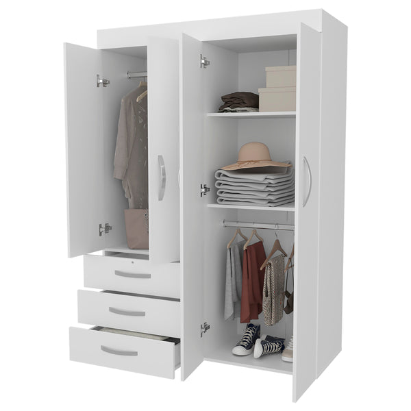 English Elm White 4-Door Wardrobe with Drawers and Shelf — Spacious Concealed Storage, 3 Drawers, 2 Shelves, Timeless White Finish B062S00627