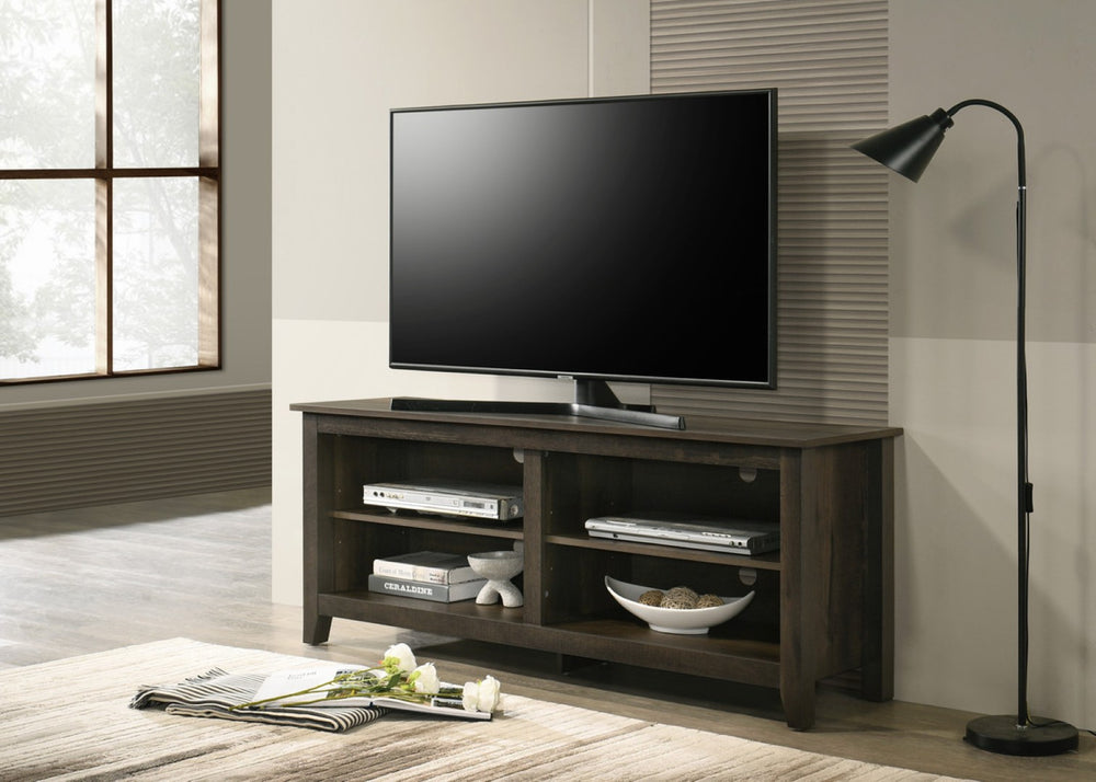 English Elm Tropea 58 Inch Open Shelf Media Console with Oak Finish and Cord Management B2749P413252