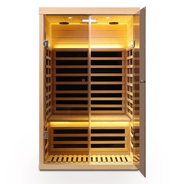 English Elm Low Emf Two Person Hemlock Far Infrared Sauna with Double Glass Doors and Bluetooth W632S00022