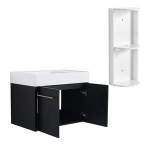 English Elm 30 Inch Wall-Mounted Bathroom Vanity Set With Left Basin Sink, Storage Rack & Modern Design W999S00368