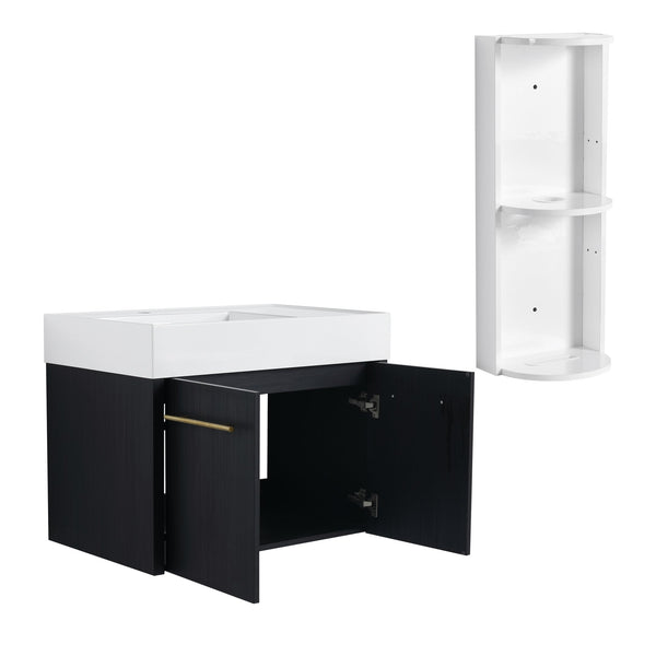 English Elm 30 Inch Wall-Mounted Bathroom Vanity Set With Left Basin Sink, Storage Rack & Modern Design W999S00368