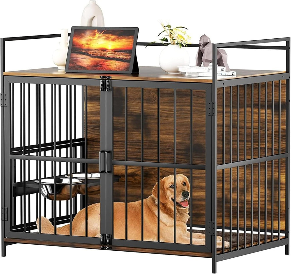 English Elm Dog Crate Furniture Piece with Steel Frame Side Table for Large Breeds Indoor Use T3210P294077