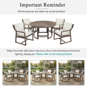 English Elm Outdoor Acacia Wood Dining Set Seats Six with Cushioned Armrest Chairs for Patio Beige+Brown N719Z000230D