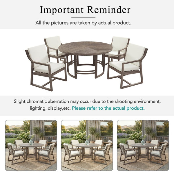 English Elm Outdoor Acacia Wood Dining Set Seats Six with Cushioned Armrest Chairs for Patio Beige+Brown N719Z000230D